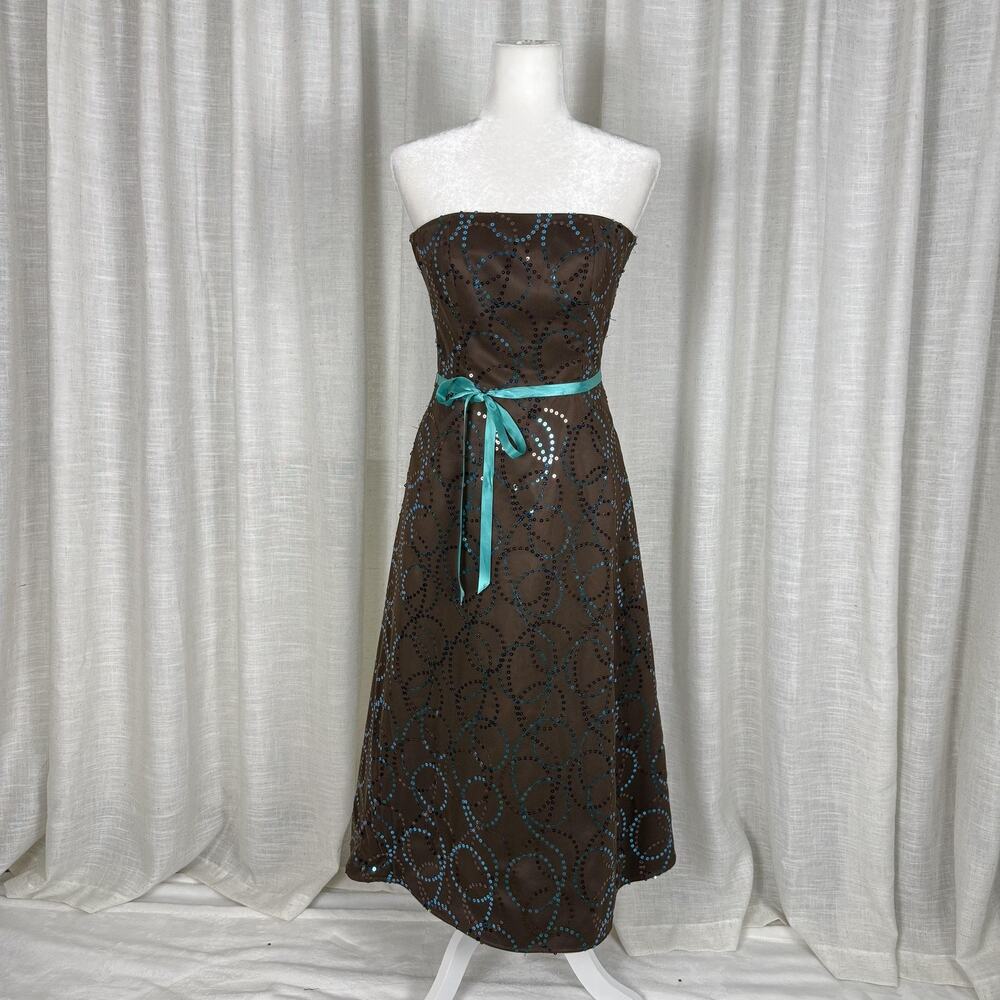 Kathlin Argiro Dress Womens 2 Brown Sequin Strapless Midi Belted Party Cocktail